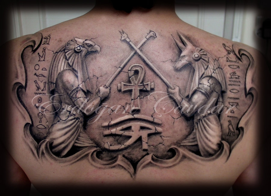 Black And Grey 3D Two Anubis Tattoo On Man Upper Back