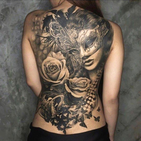 Black And Grey 3D Women Head With Roses Tattoo On Women Full Back