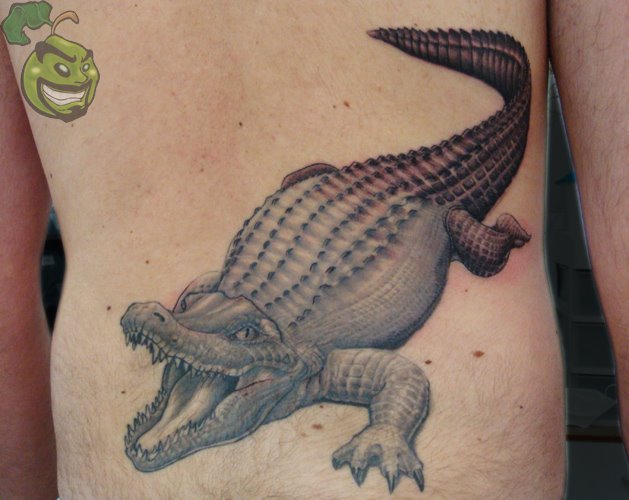 Black And Grey Alligator Tattoo On Back
