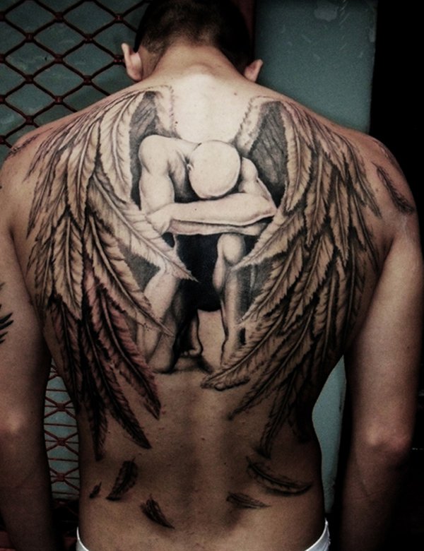 Black And Grey Angel Tattoo On Man Upper Back