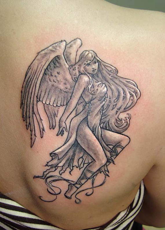 Black And Grey Angel Tattoo On Right Back Shoulder