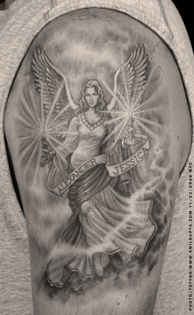 Black And Grey Angel With Banner Tattoo On Half Sleeve