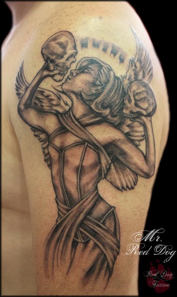 Black And Grey Angel With Skulls Tattoo On Left Half Sleeve
