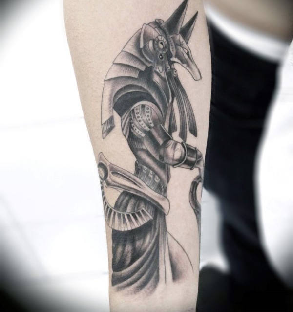 Black And Grey Anubis Tattoo On Right Forearm