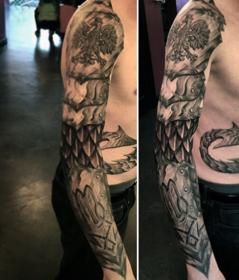 Black And Grey Armor Tattoo On Man Right Full Sleeve