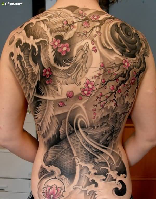 Black And Grey Asian Bird With Fish And Flowers Tattoo On Full Back