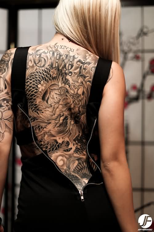Black And Grey Asian Dragon Tattoo On Women Full Back