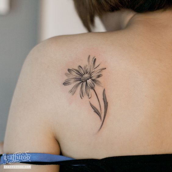 Black And Grey Daisy Flower Tattoo On Women Left Back Shoulder