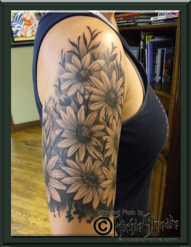 Black And Grey Daisy Flowers Tattoo On Man Right Half Sleeve By RichieStreate