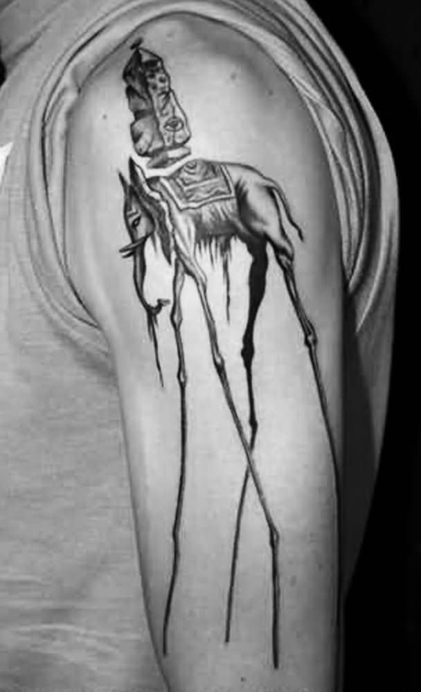 Black And Grey Dali Elephant Tattoo On Left Half Sleeve