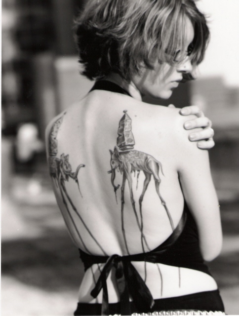 Black And Grey Dali Elephant Tattoo On Women Full Back By Lavieda