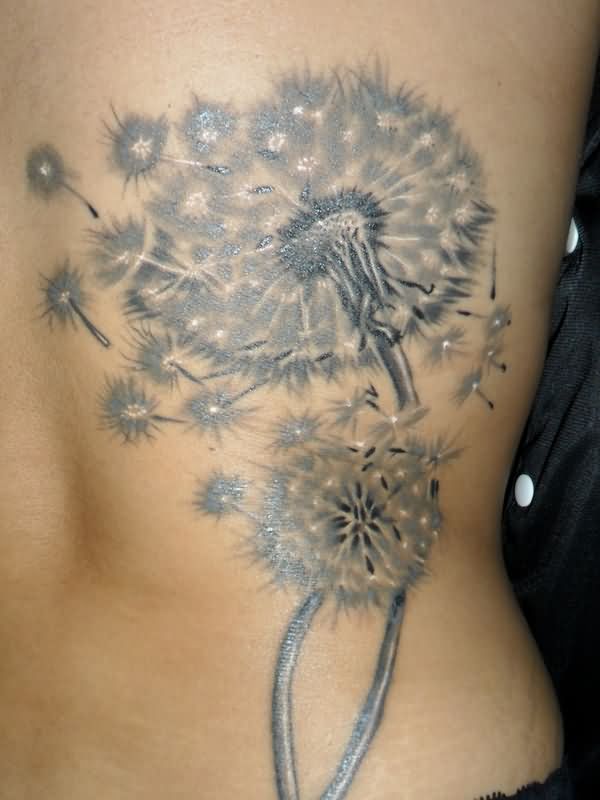 Black And Grey Dandelion Tattoo On Back