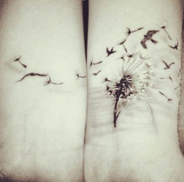 Black And Grey Dandelion With Flying Birds Tattoo On Both Wrist