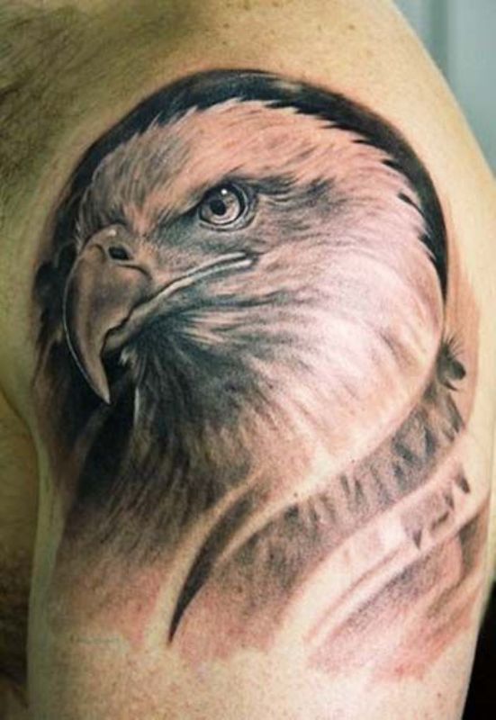 Black And Grey Eagle Tattoo On Left Shoulder