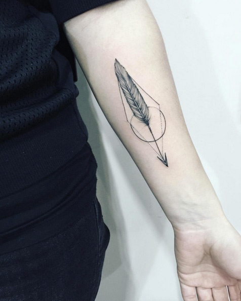 Black And Grey Feather Arrow Tattoo On Left Forearm