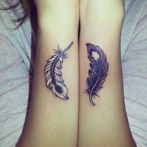 Black And Grey Feather Tattoo On Couple Arm