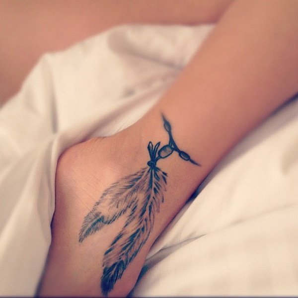 Black And Grey Feathers Tattoo On Right Ankle