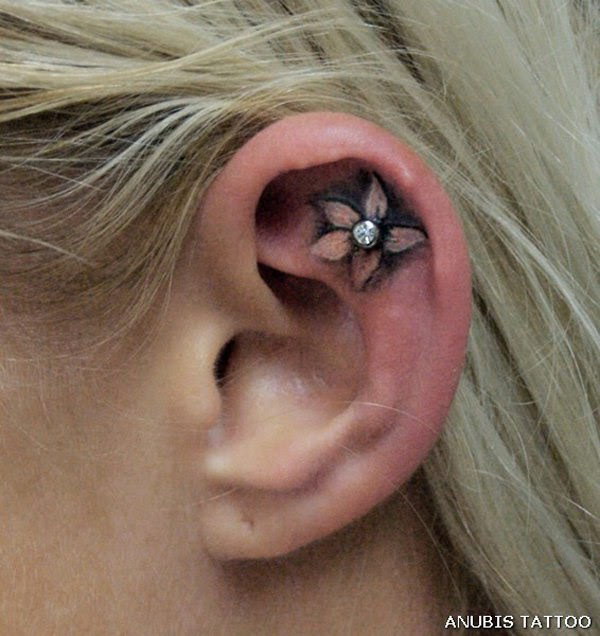 Black And Grey Flower Tattoo On Girl Right Ear