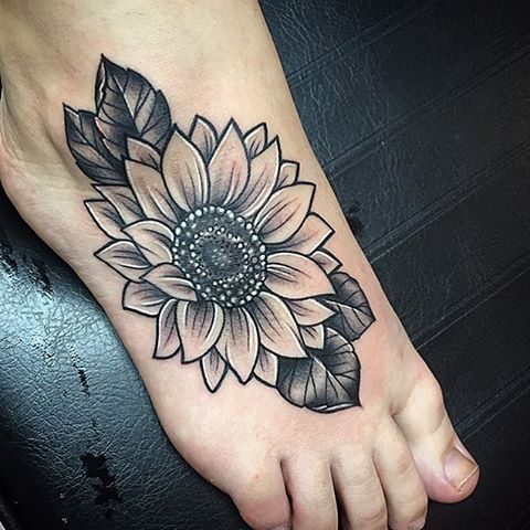 Black And Grey Flower Tattoo On Right Foot