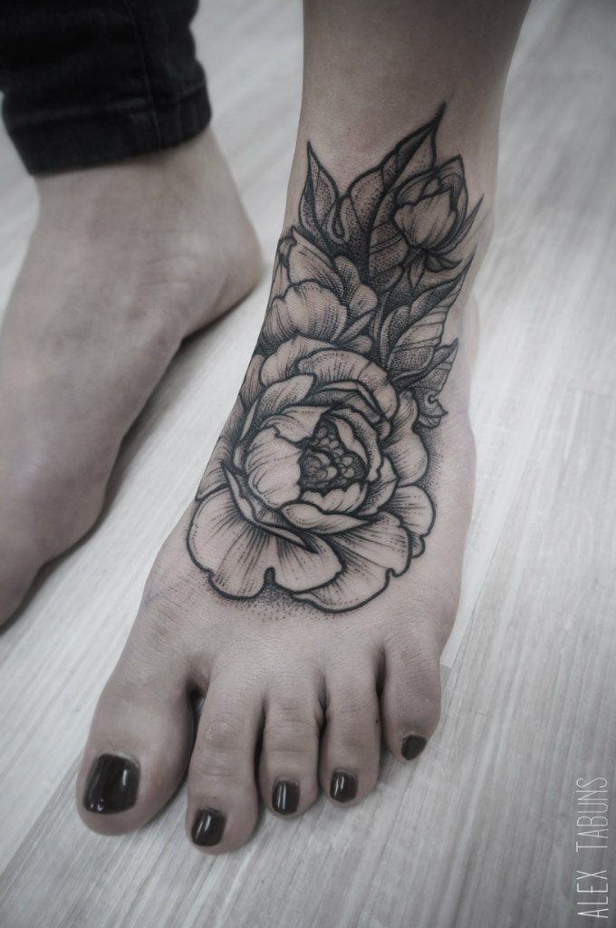 Black And Grey Flowers Tattoo On Women Left Foot