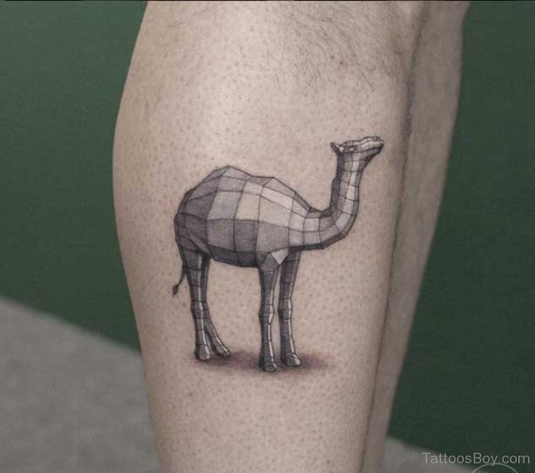 Black And Grey Geometric Camel Tattoo On Right Leg Calf