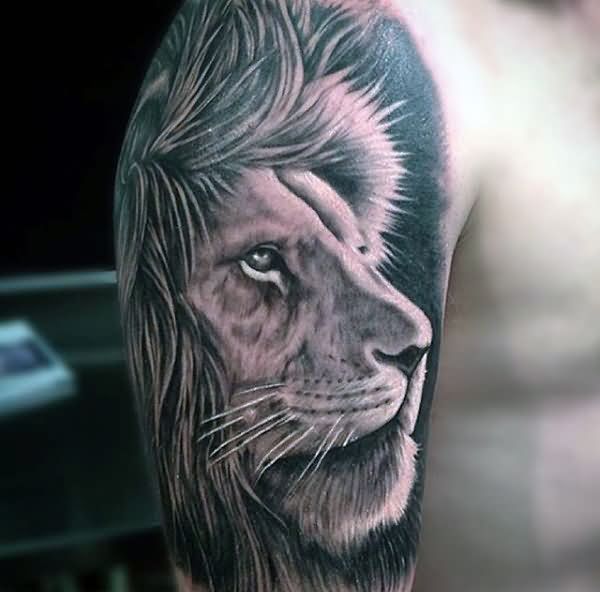 Black And Grey Lion Head Tattoo On Right Half Sleeve