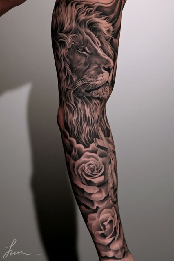 Black And Grey Lion Head With Roses Tattoo On Full Sleeve