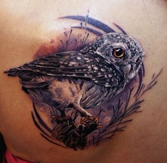 Black And Grey Owl Tattoo On Left Back Shoulder