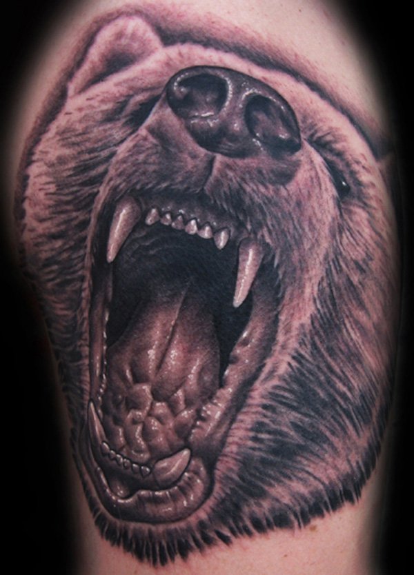 Black And Grey Roaring Bear Head Tattoo On Right Half Sleeve