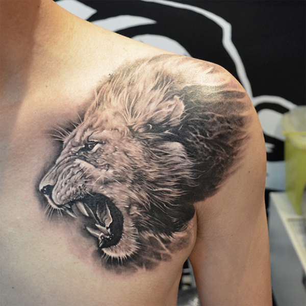 Black And Grey Roaring Lion Head Tattoo On Left Front Shoulder
