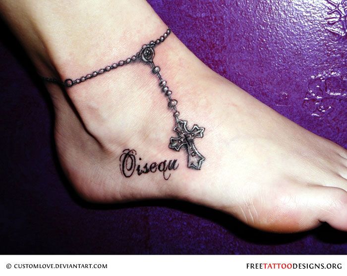 Black And Grey Rosary Cross Tattoo On Right Ankle