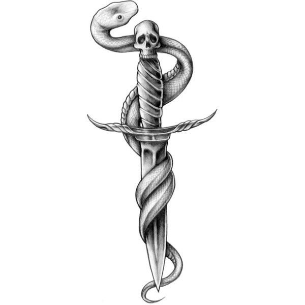 Black And Grey Snake With Dagger Tattoo Design
