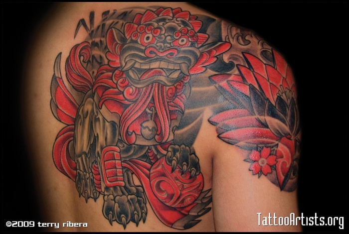Black And Red Foo Dog Tattoo On Right Back Shoulder