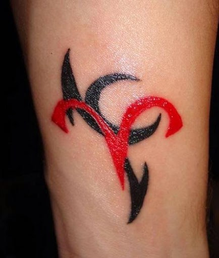 Black And Red Tribal Aries Symbol Tattoo Design For Sleeve