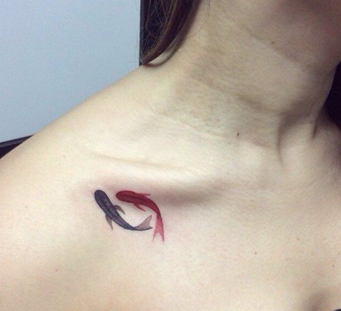 Black And Red Two Small Fishes Tattoo On Right Front Shoulder