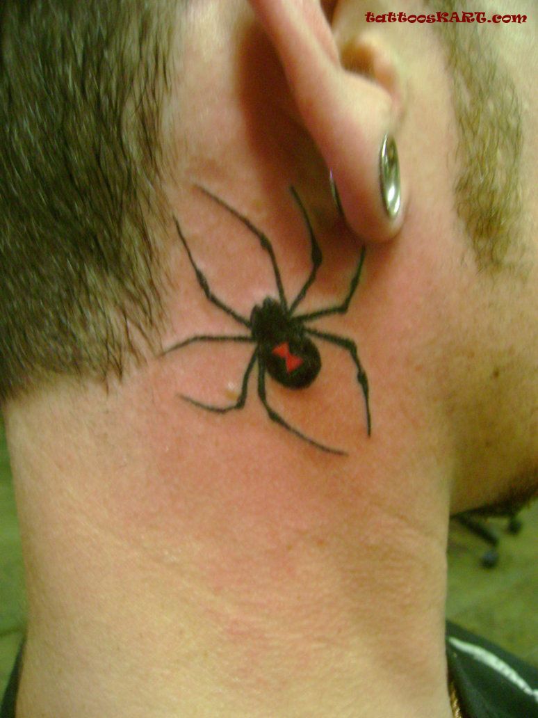 Black Arachnids Tattoo On Man Right Behind The Ear