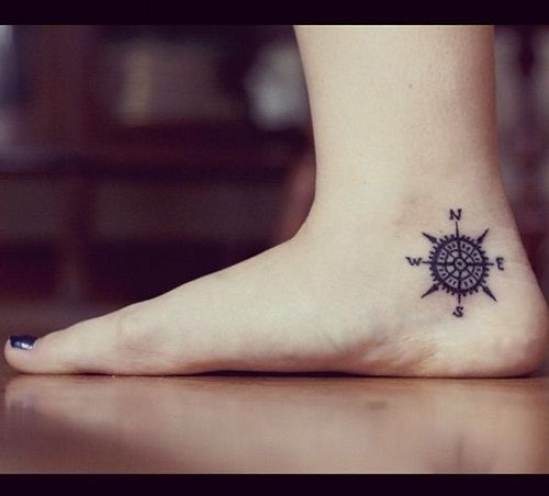 Black Compass Tattoo On Women Right Foot Ankle