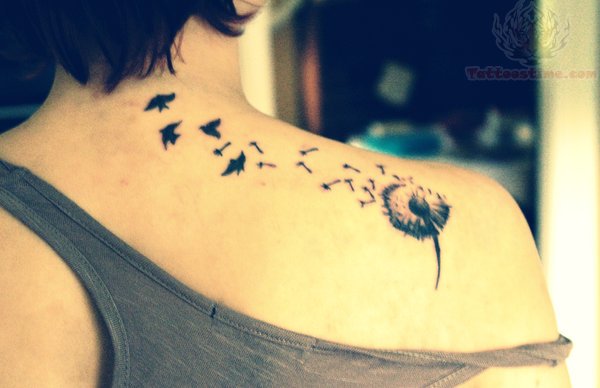 Black Dandelion With Flying Birds Tattoo On Upper Back