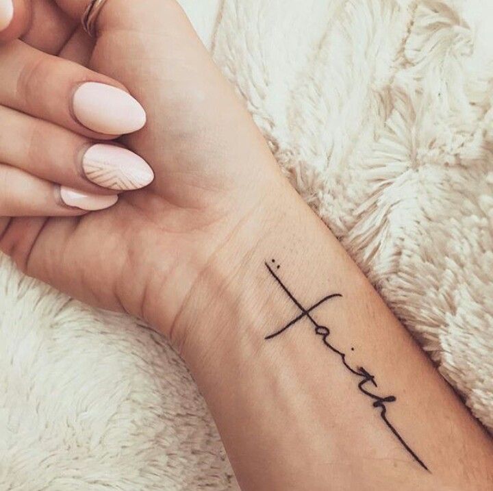Black Faith Tattoo On Girl Right Wrist