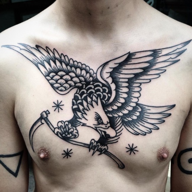 Black Flying Eagle Tattoo On Man Chest