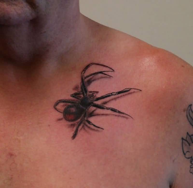 Black Ink 3D Arachnids Tattoo On Left Front Shoulder