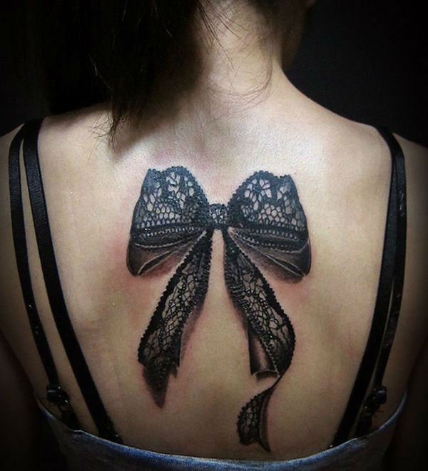 Black Ink 3D Lace Bow Tattoo On Women Upper Back