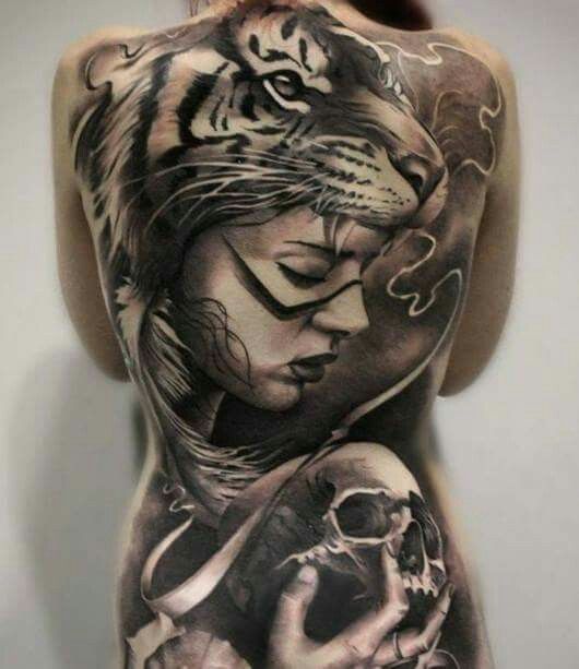 Black Ink 3D Tiger Head Women With Skull Tattoo On Full Back