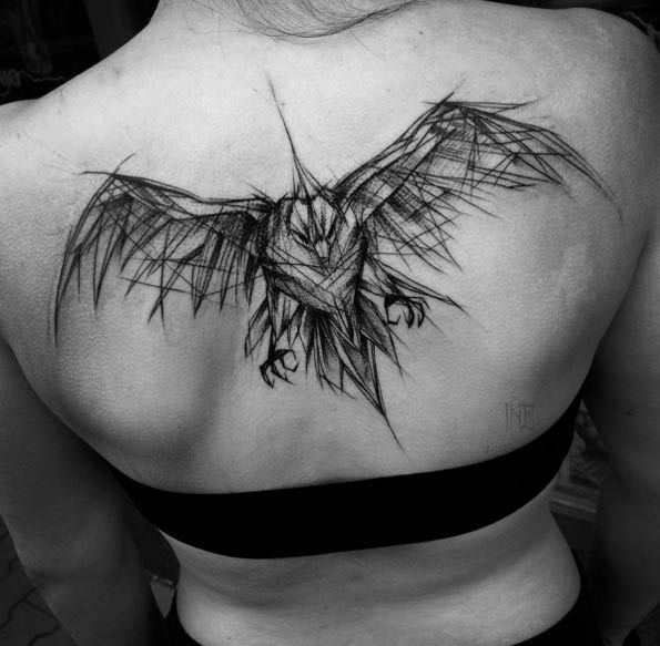 Black Ink Abstract Flying Bird Tattoo On Women Upper Back