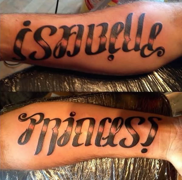 Black Ink Ambigram Isabelle Princess Tattoo On Sleeve