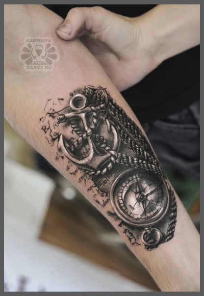 Black Ink Anchor With Compass Tattoo On Sleeve By Karviniya
