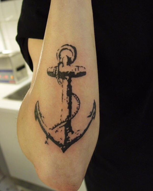 Black Ink Anchor With Rope Tattoo On Right Arm