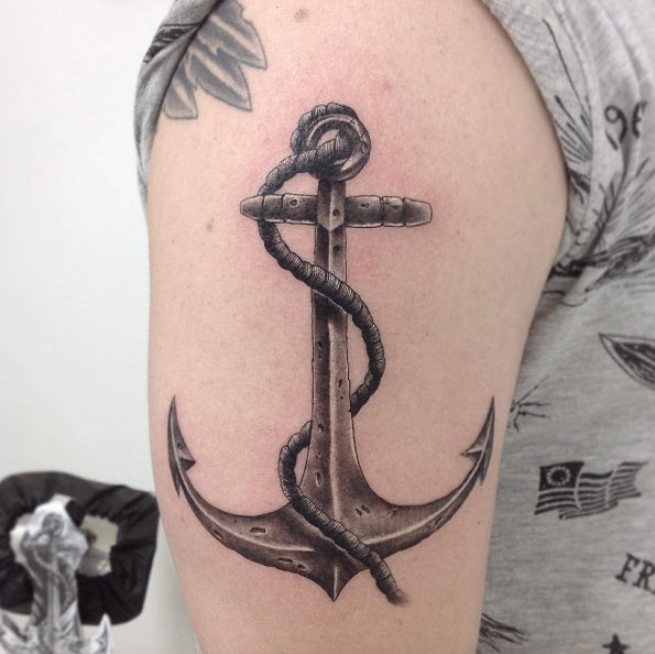 Black Ink Anchor With Rope Tattoo On Right Half Sleeve