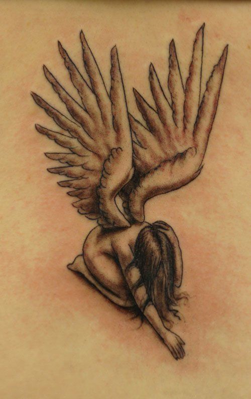 Black Ink Angel Tattoo Design For Back