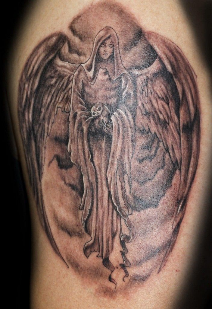 Black Ink Angel Tattoo Design For Half Sleeve
